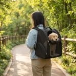 Jeune chiot installé confortablement dans son sac à dos chien randonnée noir en pleine forêt.