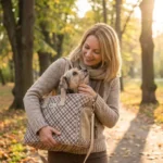 Chiot Labrador dans son sac de transport pour petit chien porté à l'épaule par son humain dans un parc