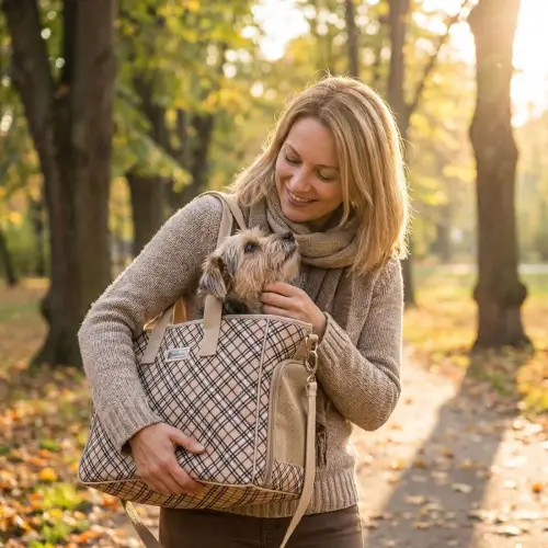 Sac de Transport en Coton pour Petit Chien et Chat - TrueLove Confort Chiot Labrador dans son sac de transport pour petit chien porté à l'épaule par son humain dans un parc