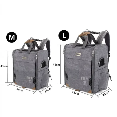 Tableau des dimensions et guide des tailles pour le sac à dos chien sécurisé.