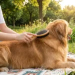 Labrador se faisant brosser avec la brosse double face Truelove, idéale pour éliminer les poils morts et démêler sans douleur.