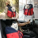 Petit chien Spitz installé dans son sac à dos de transport multifonction montrant les différents foncitons.