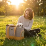 Petit chien avec son parent dans le sac de transport Sherpa lors d'une balade