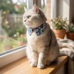 Chat domestique assis près d'une fenêtre portant le collier nœud papillon bleu à motifs fleurs blanches