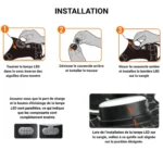 Instructions visuelles pour insérer et fixer la lampe LED rechargeable dans la poche dédiée du harnais
