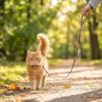 Chat domestique en extérieur marchant avec sa laisse florale TrueLove fixée à son collier
