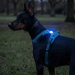 Chien de race Doberman portant une lampe LED lumineuse fixée sur son harnais Truelove pour les balades nocturnes