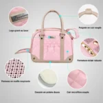 Infographie présentant les fonctionnalités du sac de transport chien simili cuir luxe pour le confort et la sécurité.