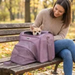 Petit chien Chihuahua installé dans son sac bandoulière violet Truelove pour une sortie sereine