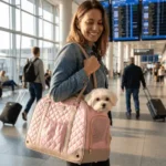 Petit chien Bichon confortablement installé dans son sac de transport chien simili cuir luxe à l'aéroport.