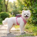 Petit chien de race Loulou de Poméranie équipé de l'ensemble harnais écologique Truelove TLH6733 rose