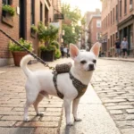 Photo d'un Chihuahua portant le harnais et la laisse assortie en Tweed