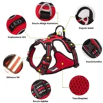 Vue détaillée des 7 caractéristiques techniques du harnais anti-traction Truelove Country Plus : anneau frontal en aluminium, poignée de contrôle, tissu mesh respirant et coutures réfléchissantes 3M