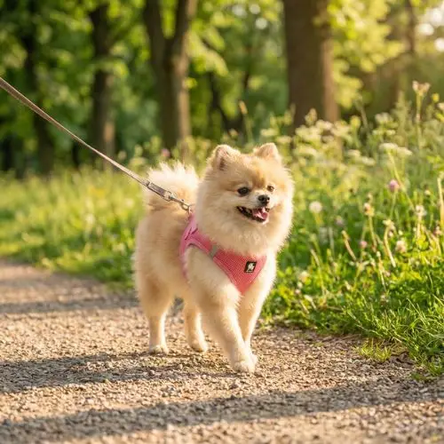 Harnais confort en mesh pour chien Truelove : Légèreté et respirabilité pour des balades sereines Petit chien portant un harnais confort en mesh respirant lors d'une balade en extérieur