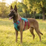 Chien de race Berger Belge Malinois équipé du harnais de travail TrueLove Manley bleu