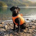 Chiot Labrador sortant de l'eau avec son harnais Truelove orange rafraichissant