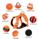 Harnais Anti-Traction Robuste pour Chien Caractéristiques techniques du harnais indestructible pour chien : tissu militaire Cordura, bandes réfléchissantes 3M et anneau anti-traction