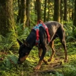 Grand chien Doberman marchant en forêt avec son harnais de randonnée Truelove au motif tropical bleu