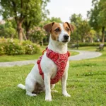 Petit chien de race Jack Russell assis attentivement dans l'herbe d'un parc, portant le harnais ergonomique TrueLove motif fleuri rouge.