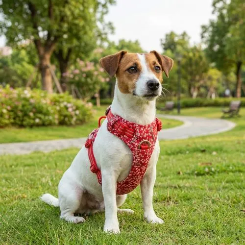 Petit chien de race Jack Russell assis attentivement dans l'herbe d'un parc, portant le harnais ergonomique TrueLove motif fleuri rouge.