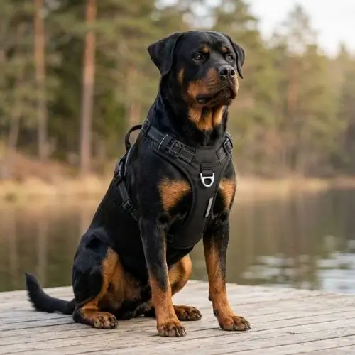Harnais Anti-Traction Robuste pour Chien Chien Rottweiler équipé du harnais anti-traction indestructible noir montrant la coupe en Y qui libère les omoplates