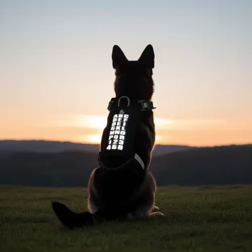 Patch Velcro Réfléchissants TrueLove : Sécurité et Personnalisation pour votre Chien Chien portant un harnais TrueLove avec patchs réfléchissants la nuit