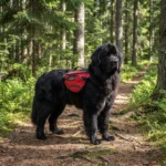 Harnais sac à dos pour chien rouge porté par un terre neuve