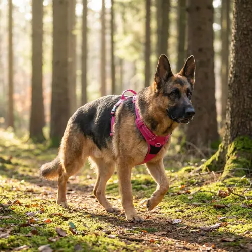 Harnais Country Plus : Anti-traction & Confort Chien portant le harnais ergonomique en Y Truelove Country Plus en balade