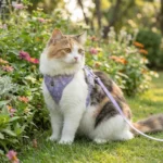 Photo d'un chat portant confortablement le harnais Julian dans un jardin
