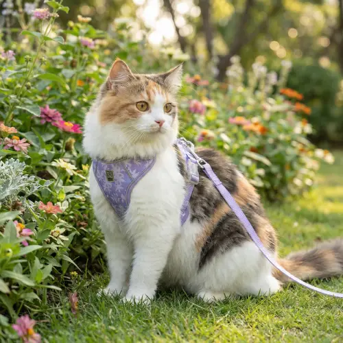 Ensemble Laisse et Harnais Truelove Julian : Confort pour Petit Chien et Chat Photo d'un chat portant confortablement le harnais Julian dans un jardin