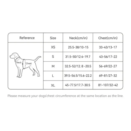 Tableau des tailles du harnais Truelove VividFit de XS à XL avec mesures du tour de poitrail pour chien