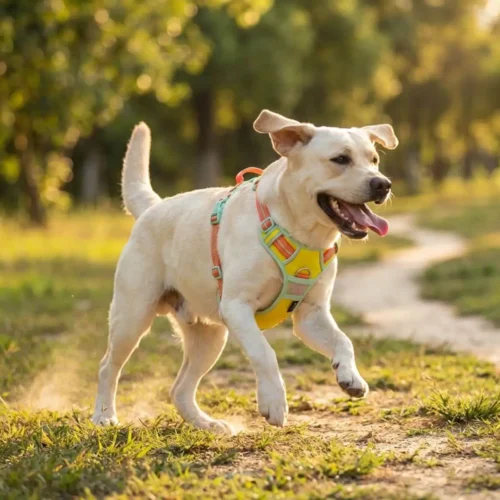 Chien beige en balade portant le harnais ergonomique Truelove VividFit coloris Jaune.