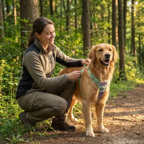 Éducateur canin ajustant un harnais anti-traction Truelove sur un chien lors d'une balade en forêt