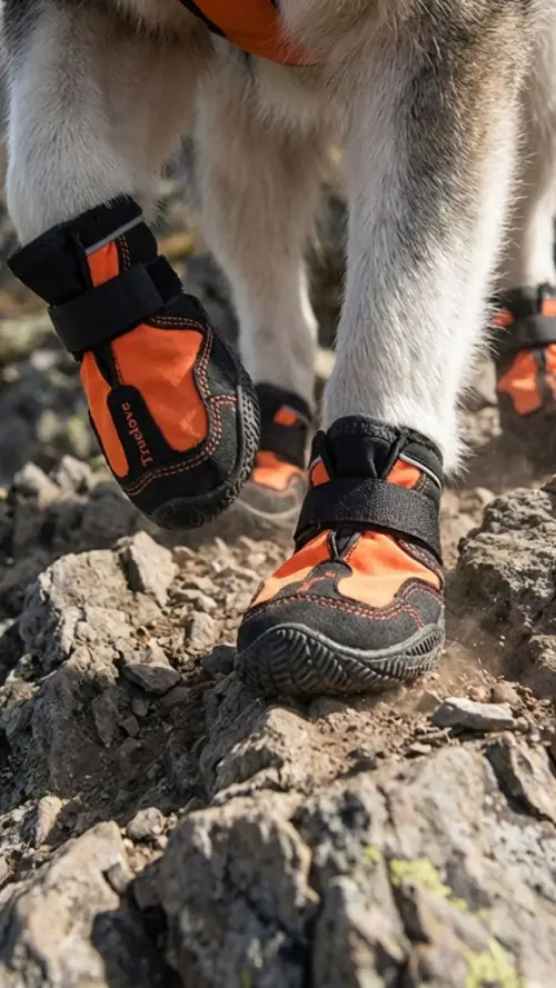 Gros plan sur les pattes d'un chien portant des chaussures de protection Truelove sur des rochers en montagne