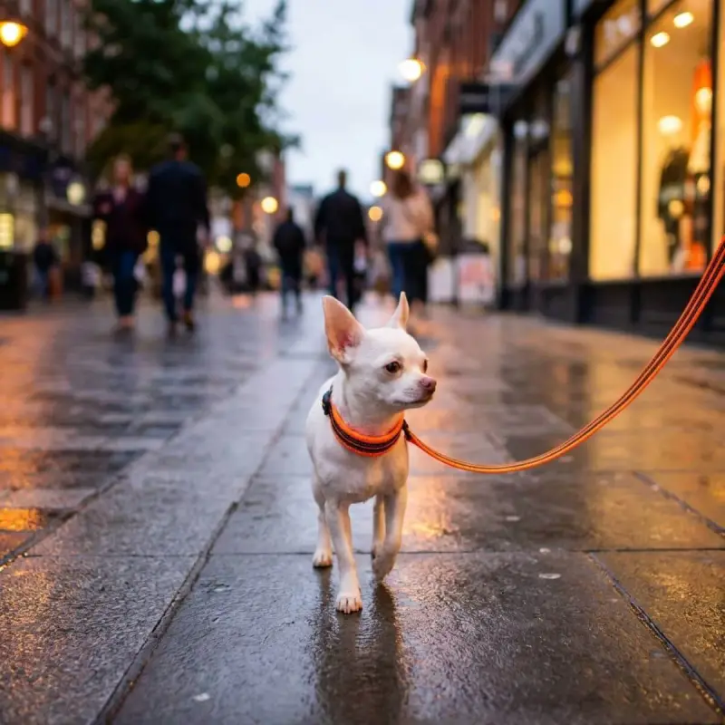 Chien marchant sur un trottoir en ville au crépuscule avec un collier orange réfléchissant Truelove pour une visibilité maximale