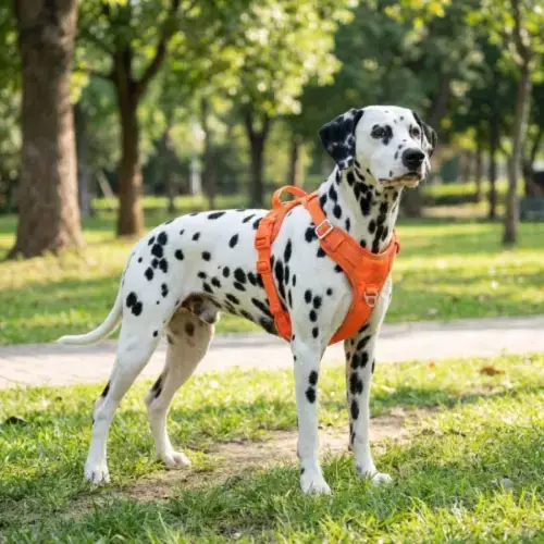 Chien Dalmatien équipé du harnais Truelove Country Plus Cordura orange haute visibilité