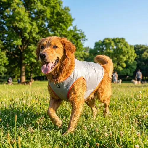 Chien portant un gilet rafraîchissant Truelove dans un parc ensoleillé pour lutter contre la chaleur estivale