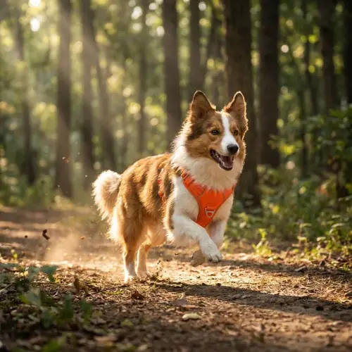 Chien en pleine action sur un sentier forestier portant un harnais anti-traction orange Truelove et une laisse assortie