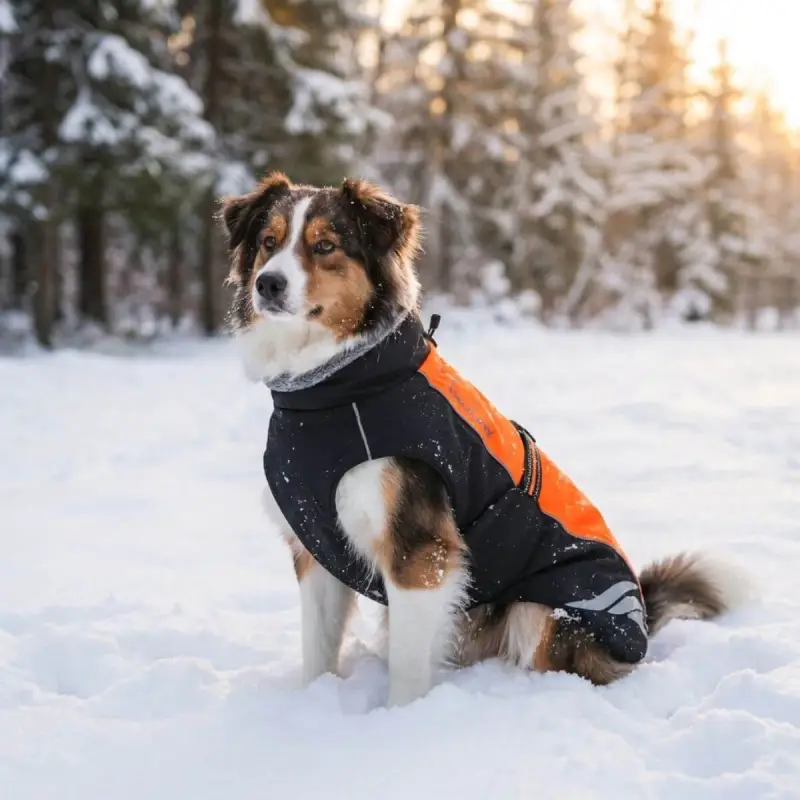 Chien assis dans la neige portant un manteau d'hiver Truelove orange rembourré avec doublure polaire