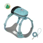 Ensemble complet pour chien avec harnais ergonomique bleu, sacoche clipsable et laisse assortie en matériaux biosourcés