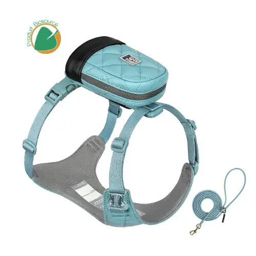 Ensemble complet pour chien avec harnais ergonomique bleu, sacoche clipsable et laisse assortie en matériaux biosourcés