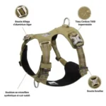 Caractéristiques du harnais Colorado Plus : tissu Cordura déperlant, boucles Duraflex et attache cou en aluminium.