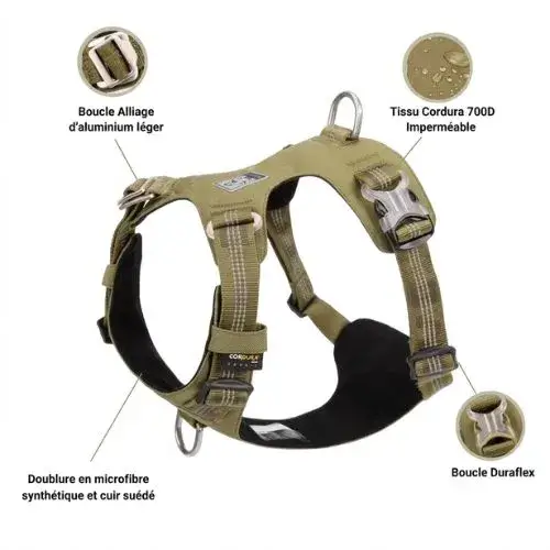Caractéristiques du harnais Colorado Plus : tissu Cordura déperlant, boucles Duraflex et attache cou en aluminium.