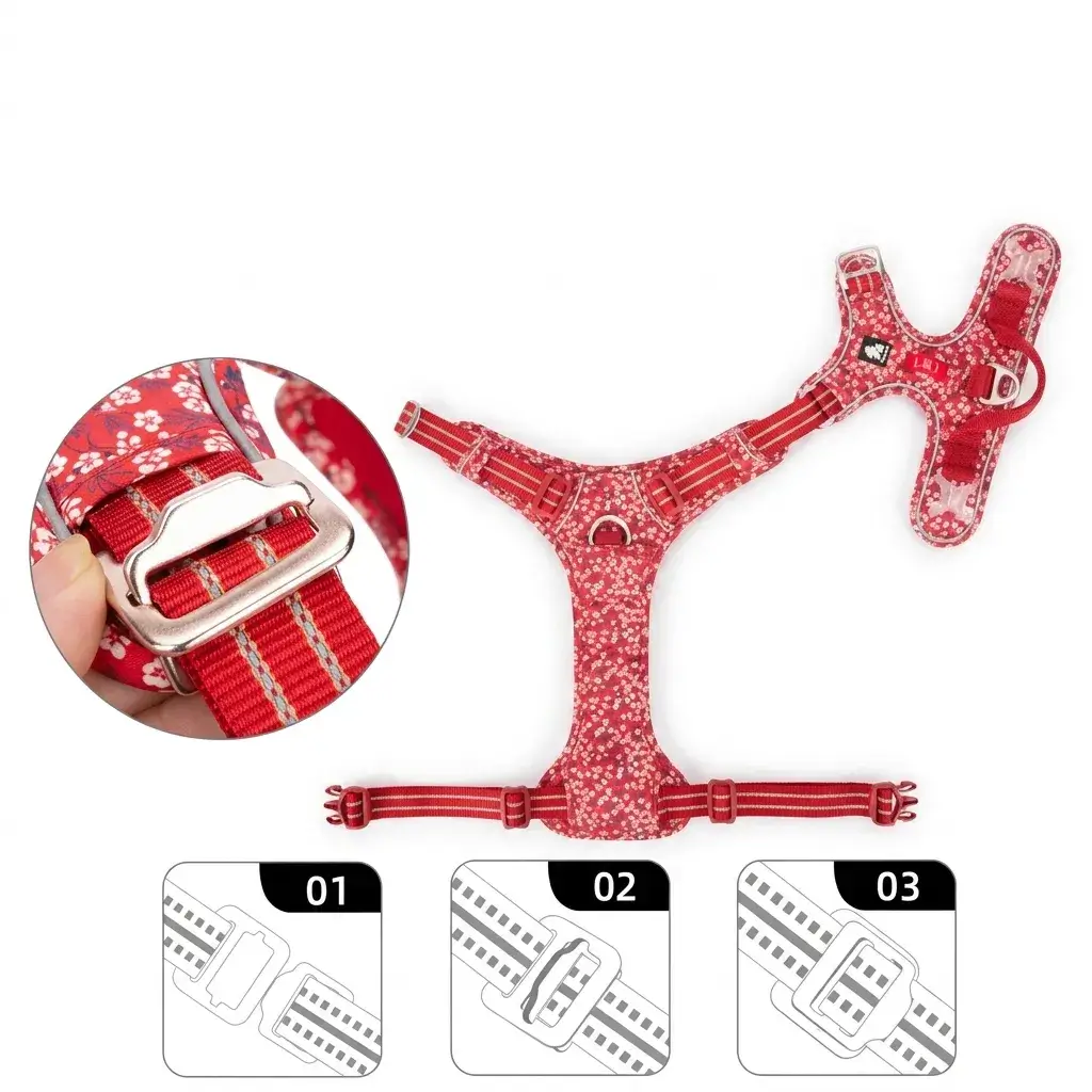 Boucle d'encolure en aluminium - Harnais Truelove Fleuri Gros plan sur la boucle d'ouverture rapide en alliage d'aluminium au niveau du cou du harnais anti-traction pour chien motif fleuri