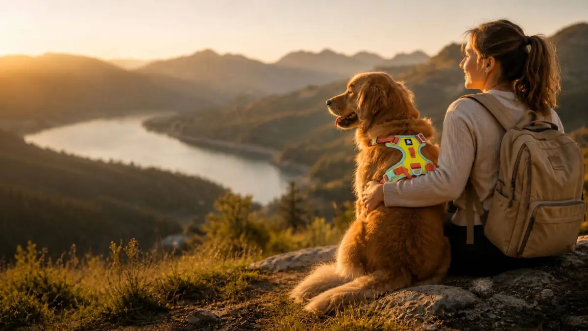 harnais-anti-traction-chien-truelove-premium - mobile Chien heureux portant un harnais anti-traction Truelove Country Plus jaune moutarde lors d'une balade avec son maître.