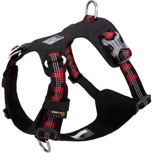 Harnais léger et anti-traction pour chien Colorado Plus coloris noir avec surpiqûres rouges.