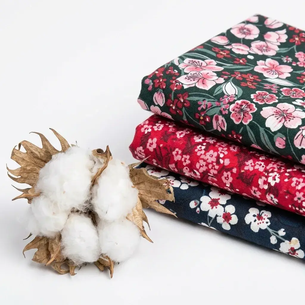 Revêtement en 100% coton naturel et motifs floraux Piles de tissus en coton aux motifs floraux rouge, bleu et vert posées à côté d'une véritable fleur de coton brute.