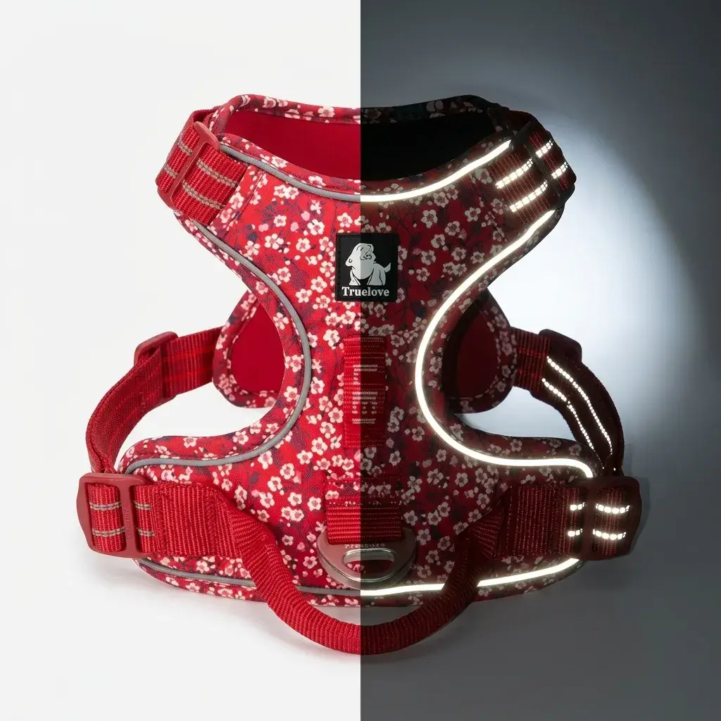 Bandes réfléchissantes 3M Scotchlite pour la sécurité nocturne Harnais anti-traction fleuri pour chien plongé dans la pénombre, illuminé par ses coutures réfléchissantes 3M Scotchlite.