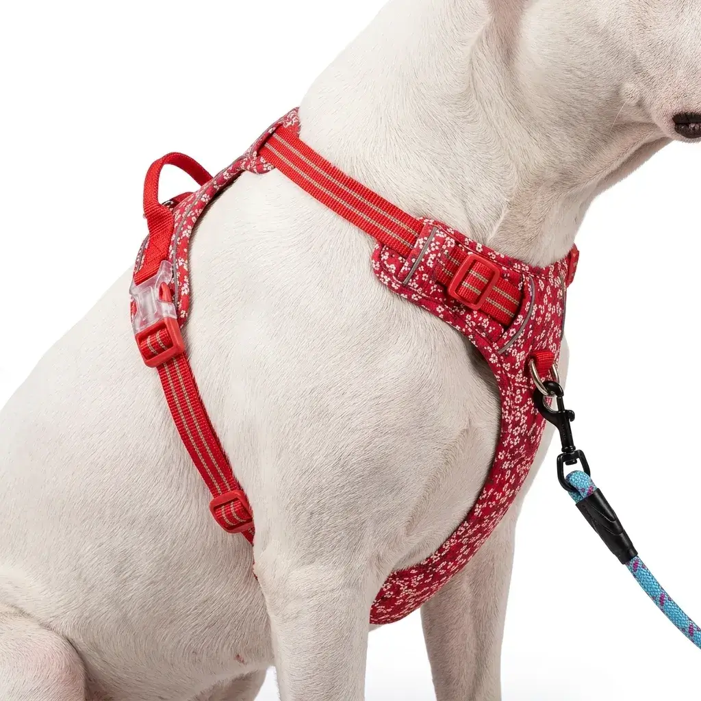Double attache anti-traction et ergonomie en Y Chien blanc portant un harnais ergonomique fleuri rouge, montrant l'anneau anti-traction sur le poitrail et l'attache classique sur le dos.