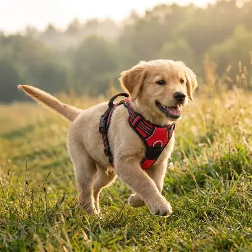 Chien de face portant le harnais en Y Truelove qui dégage totalement la trachée et les épaules